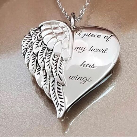 Silver Plated Memorial Heart With Wings Necklace - Picture 2 of 5